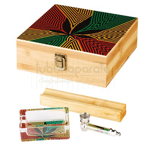 Cutie pentru depozitare din lemn cu pipa pentru fumat, scrumiera din sticla si tava de rulat incluse RYO Mari Jane